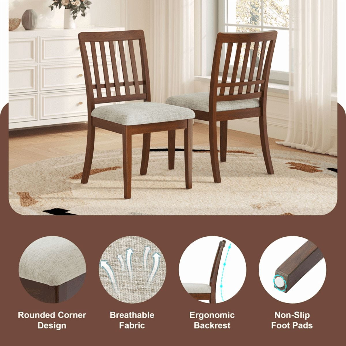 Modern Scandinavian Dining Chairs, Curved Wood Backrest with Gray Fabric Seat, Finish for Dining Room and Apartment