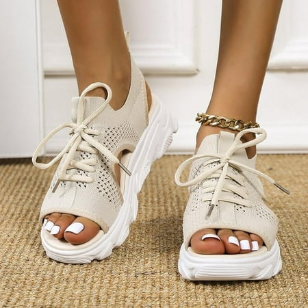 

HIMIWAY White Heels Lace-Up Front Cutout Platform Sandals Women s Sports Style Platform Sandals with Open Heel Mesh White 43