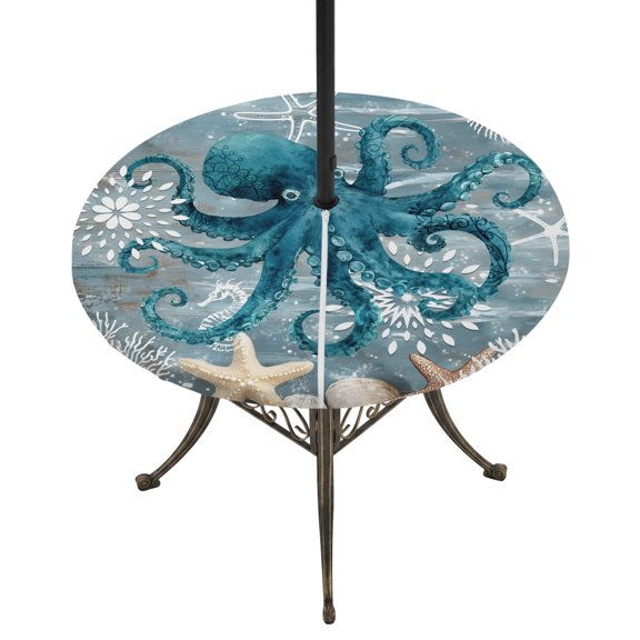 Round Outdoor Tablecloth with Umbrella Hole and Zipper, Blue Octopus Coastal Fitted Table Cover with Elastic Edge for 36-44 Inch, Summer Beach Ocean Starfish Coral Waterproof Patio Tablecoths