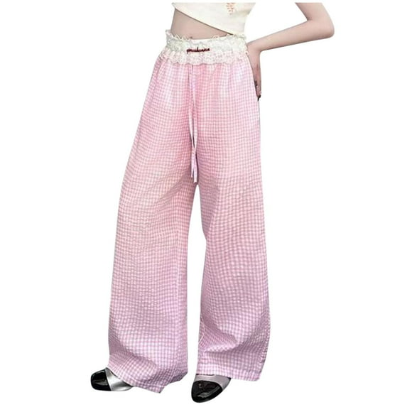 ZACPNCV Toddler Girls Wide Leg Pants Elastic Waist Gingham Pants Kids Loose Checkered Plaid Lace Bottoms Pink 8-9 Years