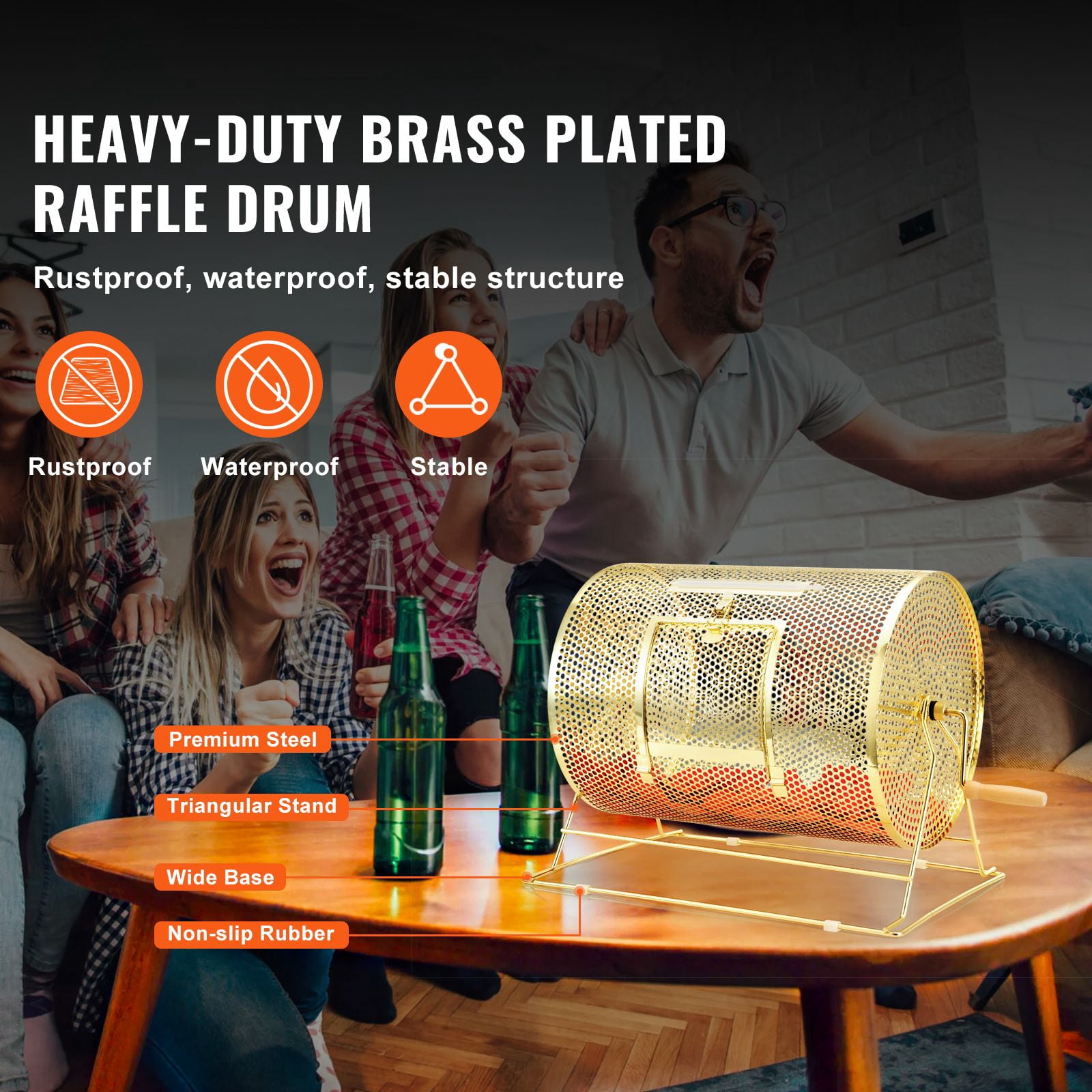 Raffle Drum, Holds 5000 Tickets or 200 Ping Pong Balls, Metal Lottery Spinning Drawing with Wooden Turning Handle, 16.1 x Ø12 inch Brass Plated Raffle Ticket Spinning Cage, for Bingo Ballot Part