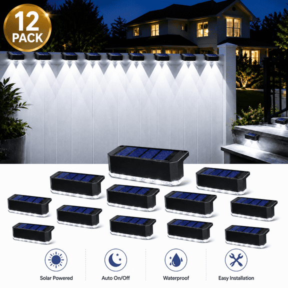 Hovmap 12 Pack Solar Fence Lights, Solar Deck Lights, Outdoor Step Lights, Solar Stairs Lights for Railing Fence Yard Garden, Cool White, Black