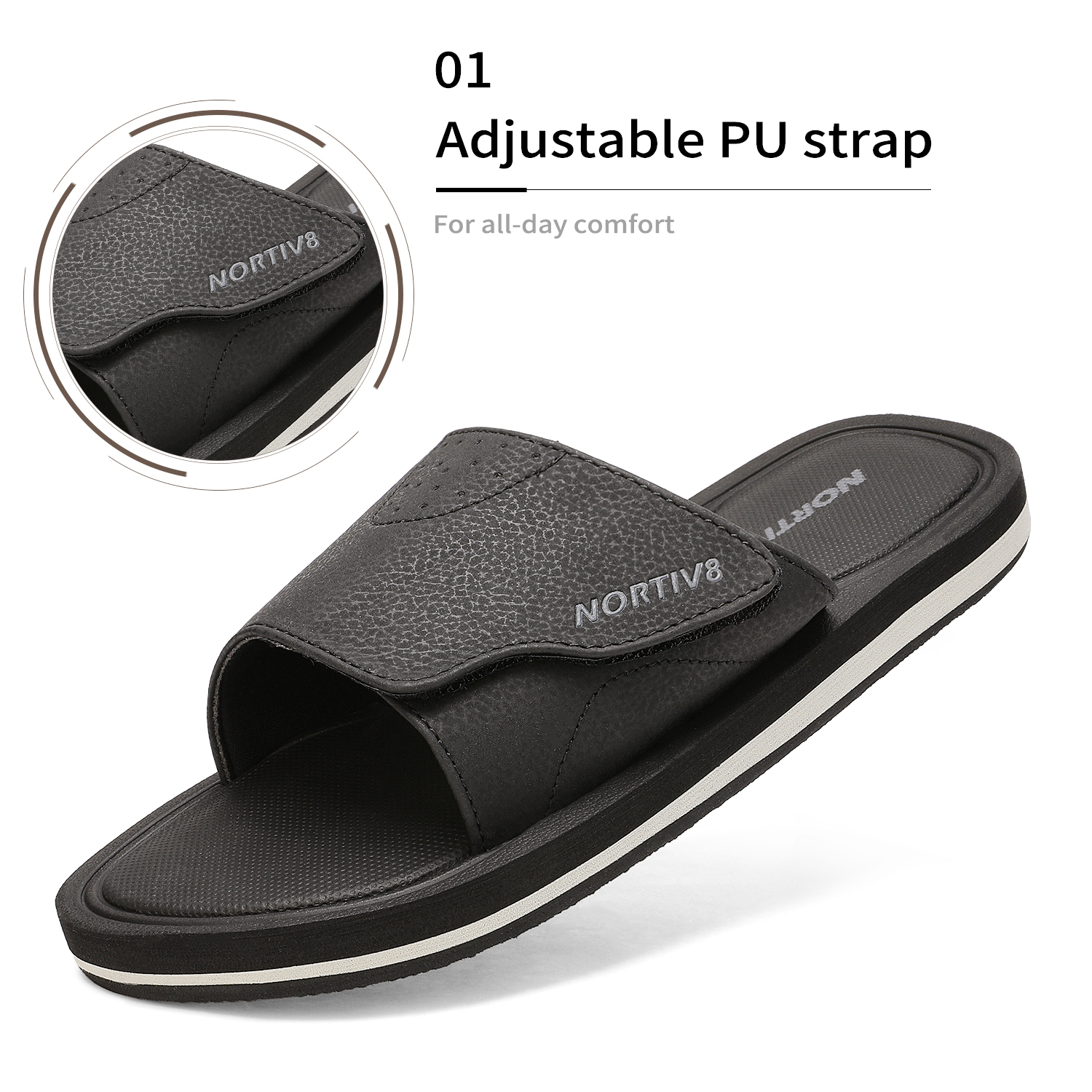 Nortiv 8 Men's Memory Foam Adjustable Slide Sandals Comfort Lightweight Beach Shoes Summer Outdoor Slipper Fusion Black Size 14 - image 4 of 5