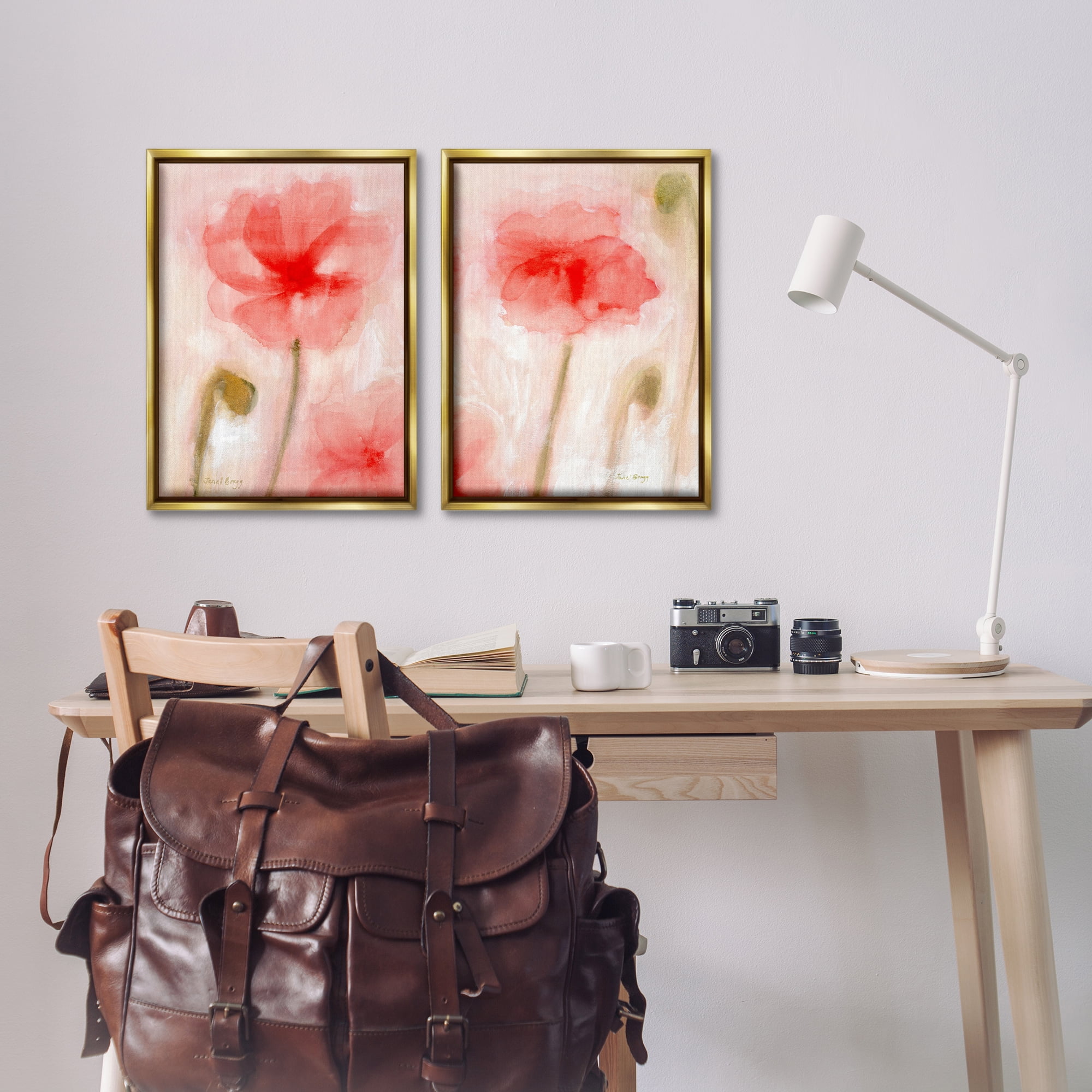 Stupell Industries Beautiful Coral Poppy Blossom Plants & Flowers Painting Gold Floater Framed Canvas Art Print Wall Art, 17 x 25, Set of 2