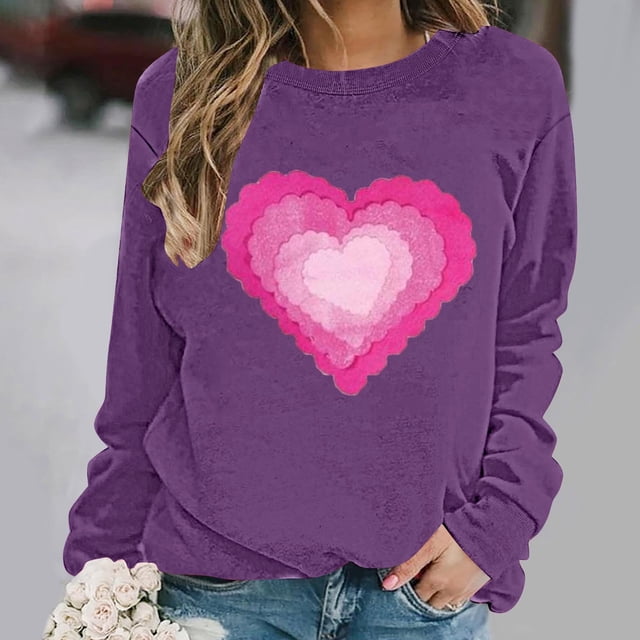 ICHUANYI Chandail à Col Rond pour Femmes de la Saint-Valentin avec Graphique de Cœur Imprimé, Col Rond, Décontracté, Ample, Chandail à Capuchon, Blouse à Manches Longues, Hauts