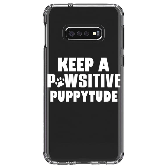 DistinctInk Clear Shockproof Hybrid Case for Samsung Galaxy S10e (5.8" Screen) - TPU Bumper Acrylic Back Tempered Glass Screen Protector - Keep a PAWsitive PUPPYtude