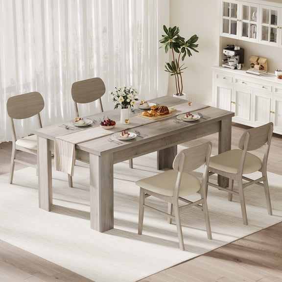 63" Farmhouse Rectangular Dining Table for 4-6 People, Sturdy Wood Kitchen Table with Extra Thick Top and Reinforced Legs for Dining Room, Gray