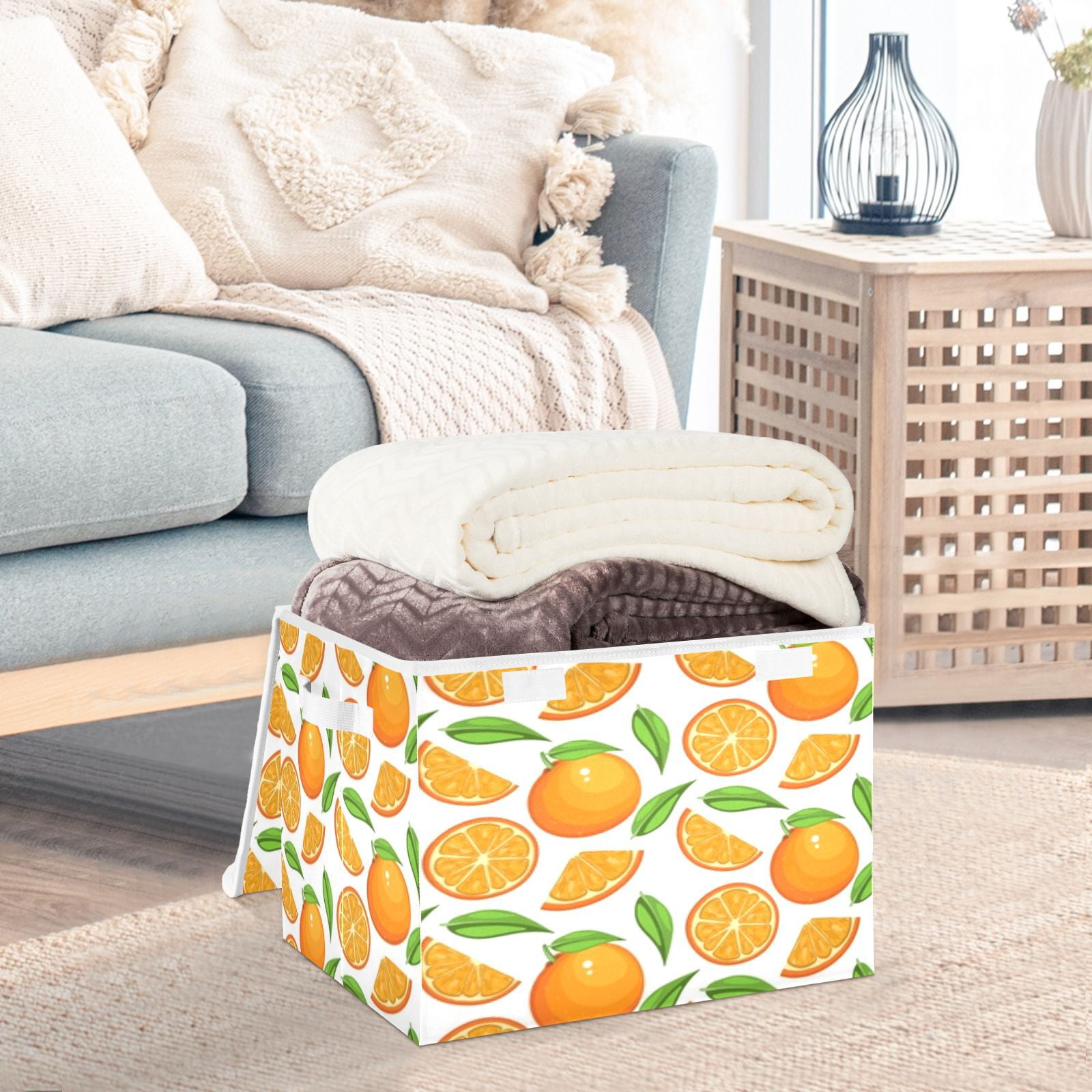 Orange slices leaves pattern background Storage Bins, Foldable Cloth Basket, Cube Organizer with 2 Handles, Suitable for bedrooms, living rooms, wardrobes, and workspaces, With cover