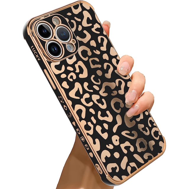 Funda para iPhone 13 Pro Max con revestimiento de leopardo, elegante y de lujo, con protector de cámara, suave, a prueba de golpes, con esquinas traseras protectoras, color negro