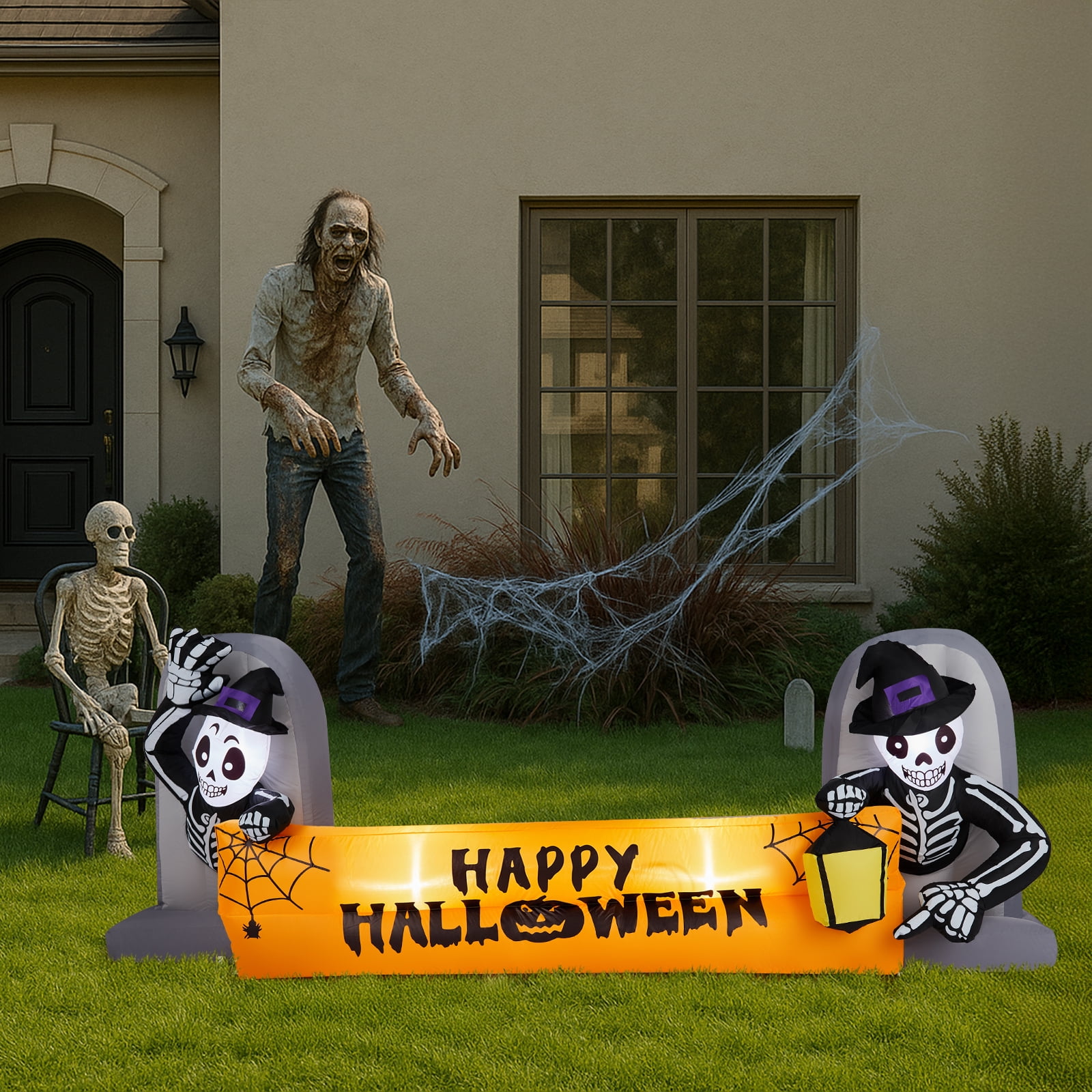 Astoutdoor Halloween Inflatable Skeleton Tombstone Banner with Built-in LEDs, 9.6 ft
