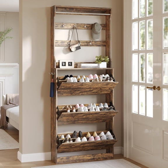 FANRAL Wooden Shoe Rack,3 Tiers Shoe Rack with Coat Rack,Shoe Organizer Storage with Hooks,Freestanding Shoe Shelf for Entryway,Hallway,Office,Brown Shoe Cabinet