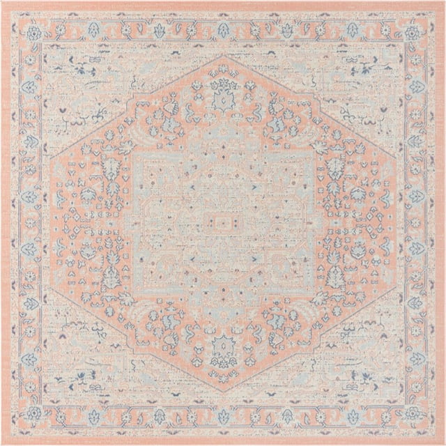 Unique Loom Whitney Medallion Border Rug 8' x 8' Square Powder Pink/Ivory