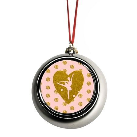 Ballerina Dancer on Heart on Polka Dots Pink and Faux Gold Glitter Bauble Christmas Ornaments Silver Bauble Tree Xmas