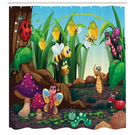 Animal Decor Shower Curtain Ladybug Butterfly Bee In Exotic
