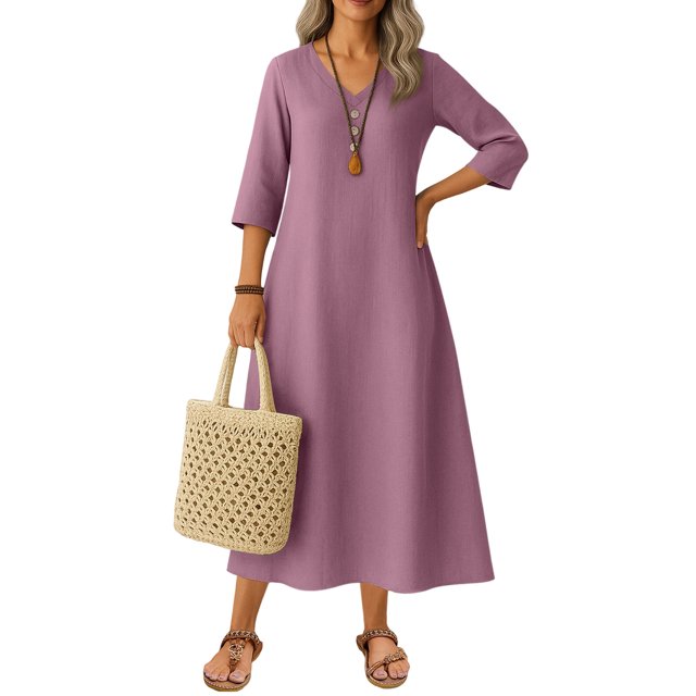 Robe Tailleur pour Femme Robe pour Femmes Longue Robe Bohème de Plage Élégante Robe Maxi Robe à Col en V Robe à Manches 3/4 Violet P