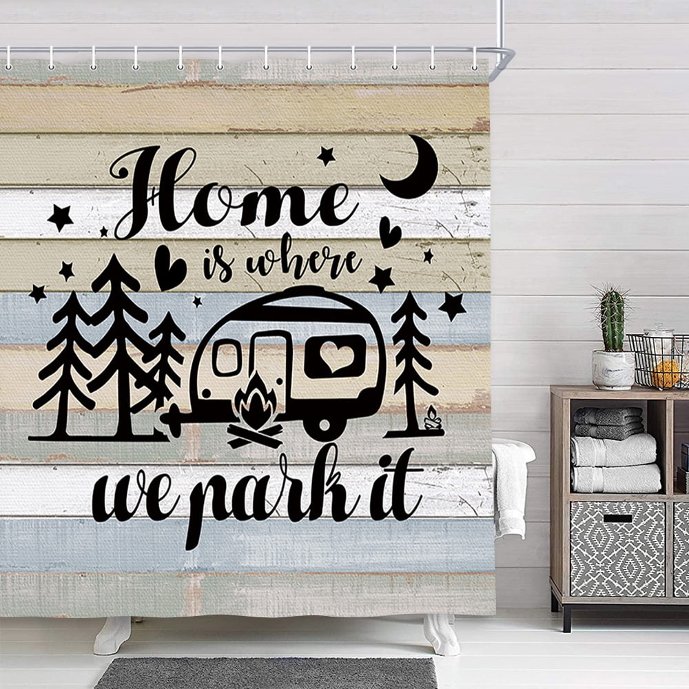 Happy Camper Shower Curtain, Rustic Shower Curtain Set, Farmhouse
