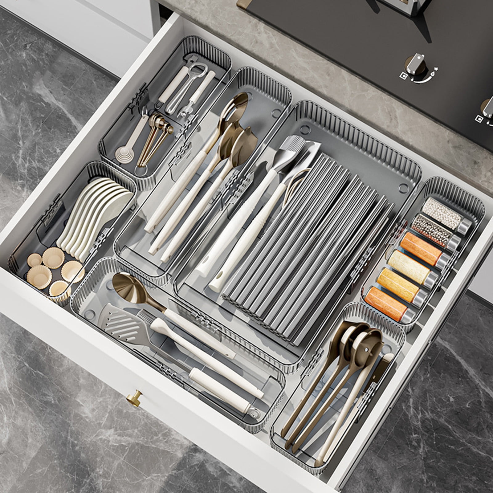 A Large Expandable Kitchen Drawer Organizer Adjustable Divider Clear Plastic Storage Box For Utensils Cutlery Office Supplies Multiple Compartments 14.17 Inches