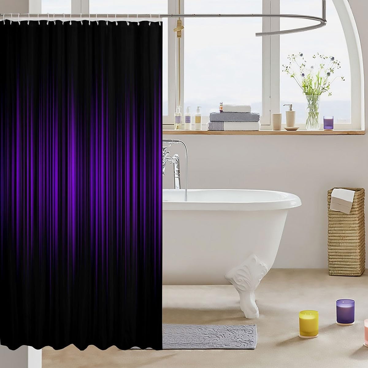 Purple and Black Bathroom Shower Curtain Set Abstract Ombre Bath Curtain Gradient Purple Lines Shower Curtain Purple Black Gradient Bathroom Accessories with Hooks 60"W x 72"L (Pack of 1)