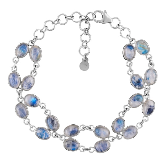 QNAVIC Natural Blue Sheen Moonstone Cabochon Bezel Charm Bracelet For Women, Healing Chakra Crystal, June Birthstone, Rhodium Plated 925 Sterling Silver Handmade Dainty Bracelet, Gifts for Her