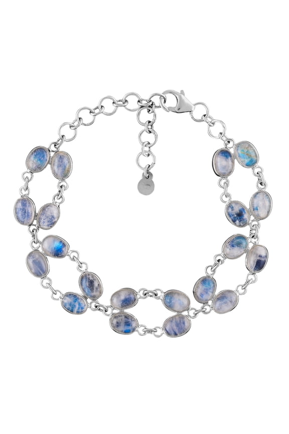 Natural Blue Sheen Moonstone Cabochon Bezel Charm Bracelet For Women, Healing Chakra Crystal, June Birthstone, Rhodium Plated 925 Sterling Silver Handmade Dainty Bracelet, Gifts for Her