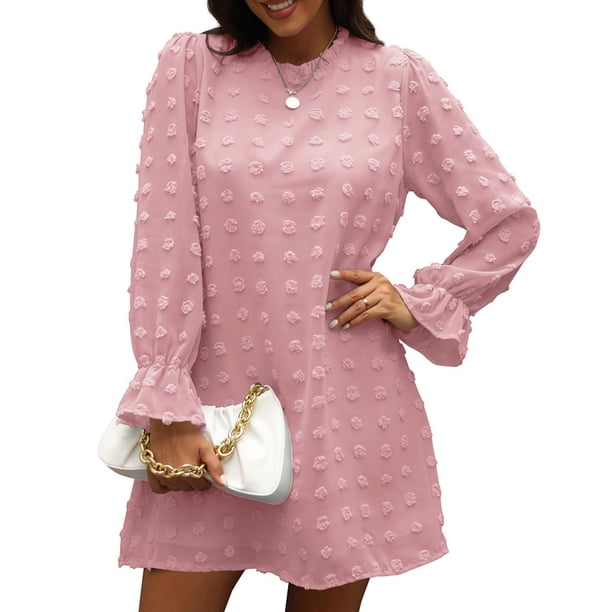 Vestido De Manga Larga Con Cuello Redondo, Vestido De Manga Larga Abullonada De Gasa Cómodo Orillo Fibroso Cuello Redondo Estampado De Puntos Para Club Para Vacaciones Para Dama ANGGREK No