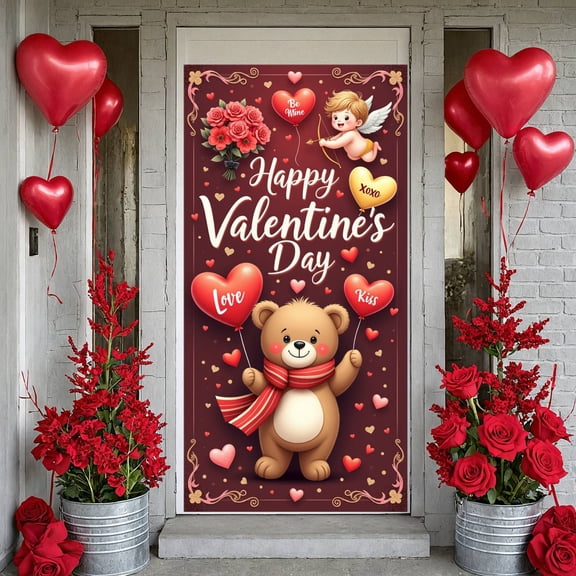 Red Heart Valentine's Day Banner Rose Bouquet Love Display Cupid Design Teddy Bear Happy Valentine's Backdrop for Valentine's Party Romantic Celebration Couple Gathering