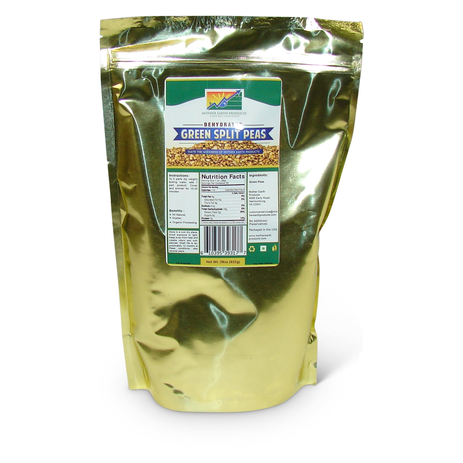 Dehydrated Green Split Peas, 1 full quart Mylar Bag