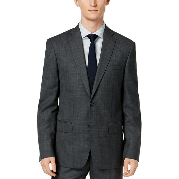 DKNY Mens Slim-Fit Plaid Wool Suit Separate Jacket 36 Short Grey/Blue