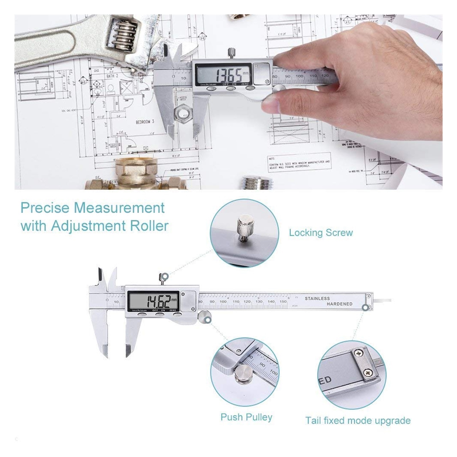 Metal Caliper 150/200/300MM Stainless Steel Electronic Digital Vernier Caliper Micrometer Measuring Tool Caliper ,Easy to Operate