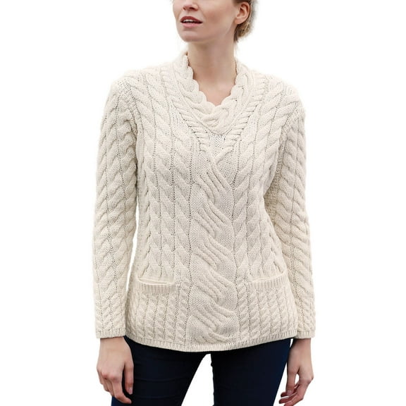 Aran Woollen Mills Irish Crossover V-Neck 100% Premium Soft Merino Wool Sweater Women`s Cable Knitted Pullover with Pockets Made in Ireland