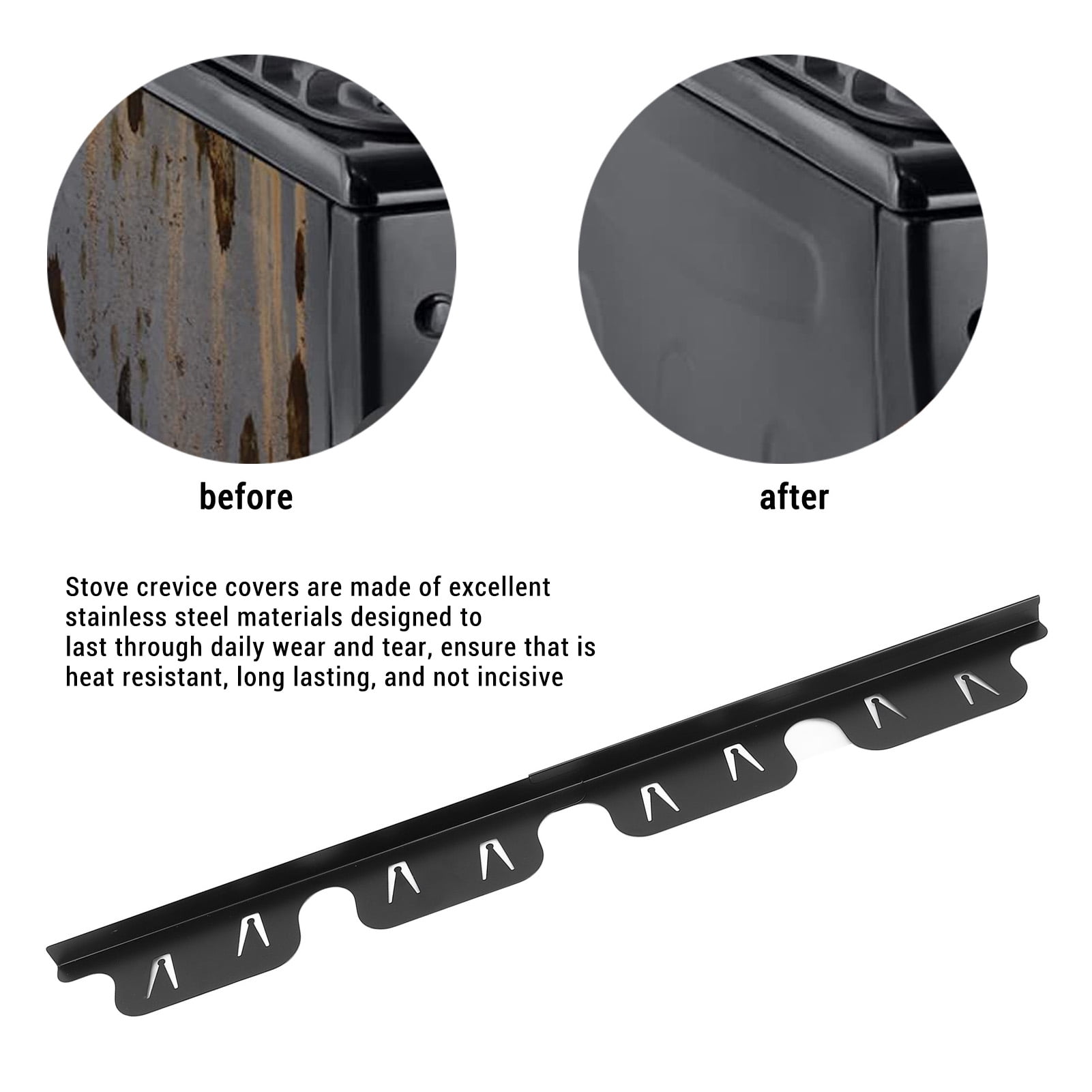 YAHHU 4-Piece Adjustable Stainless Steel Stove Crevice Cover Set, Black Filler Guard for Kitchen Counter Gap, Expands 13.8 to 27.6 Inches, Easy Clean Universal Fit Range Side Strips