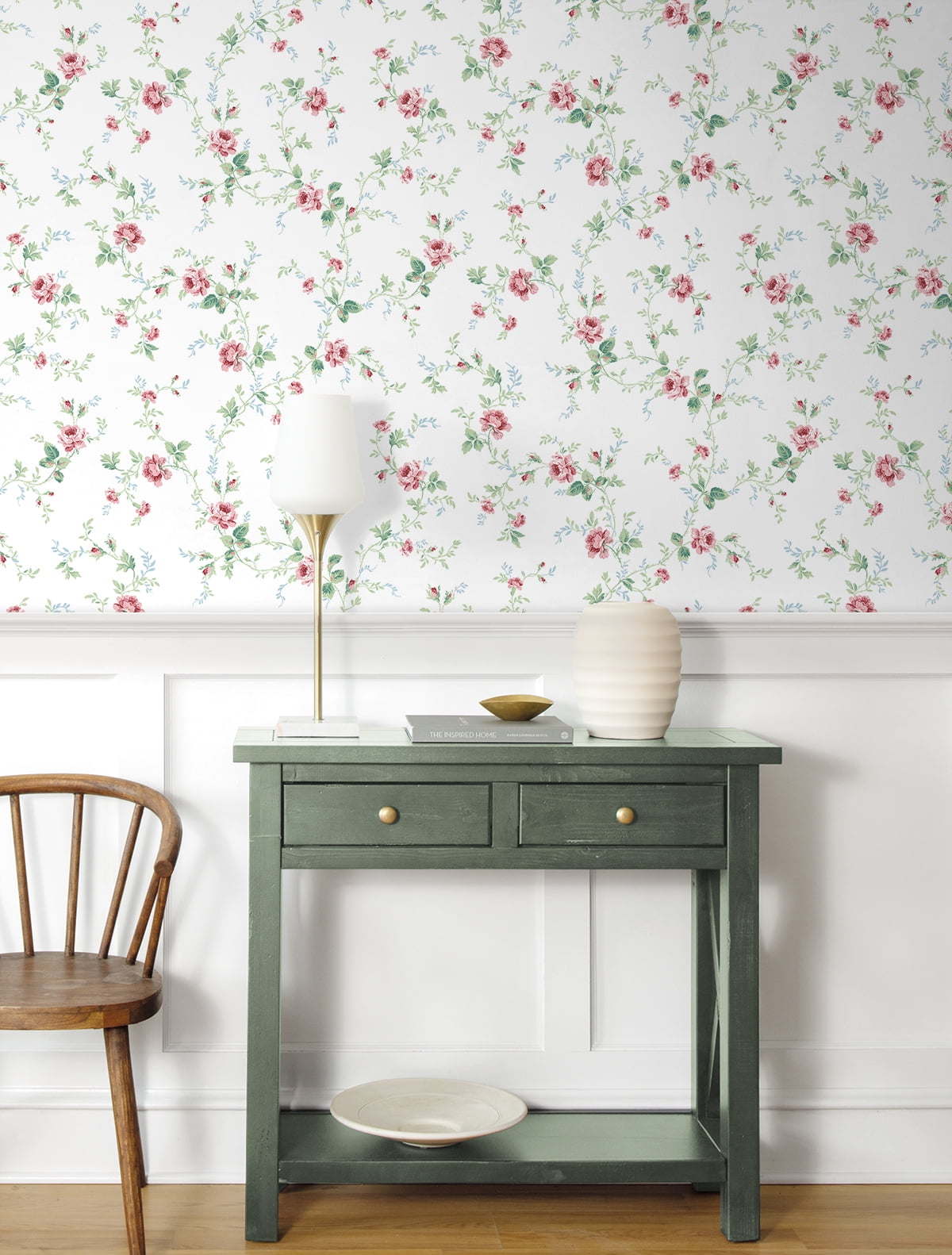 NextWall Blush & Spearmint Blossom Floral Trail Peel and Stick Wallpaper