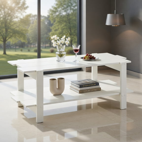 Topcobe 2-Tier Slatted Wood Coffee Table with Storage Shelf, Center Table for Living Room, Modern Furniture for Home-White
