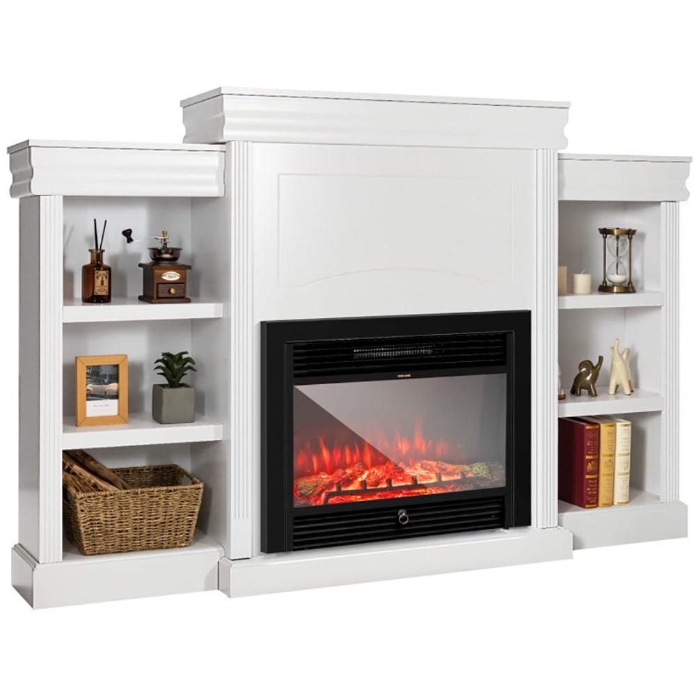 Finihen TV Stand, TV Cabinet, 70 Inch Modern Fireplace Media Entertainment Center with Bookcase, Media Entertainment Center with Storage, for Living Room, Bedroom, White