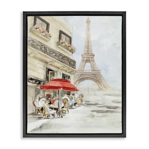 Stupell Industries Sunday Lunch Eiffel Tower Scenic & Cityscapes Painting Black Floater Framed Canvas Art Print Wall Art, 17 x 21
