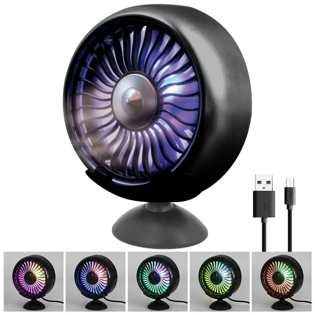 Ventilateur de Voiture DC 5V à Angles Multiples, Rotatif et Réglable, 3 Vitesses, Ventilateur de Refroidissement pour Console Centrale de Voiture, Circulateur d'Air, Ventilateur Silencieux avec Lumière Changeante Colorée pour Voitures et Camions (Noir)