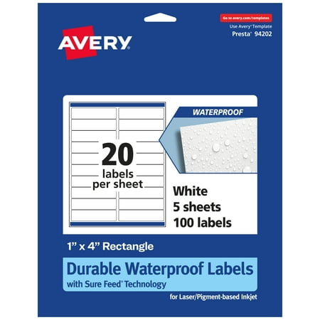 UPC: 0072782365493 | Avery Durable Waterproof Rectangle Labels with Sure Feed  1  x 4   100 Oil and Tear-Resistant Labels  Laser/Pigment-Based Inkjet Printable Labels (36549)