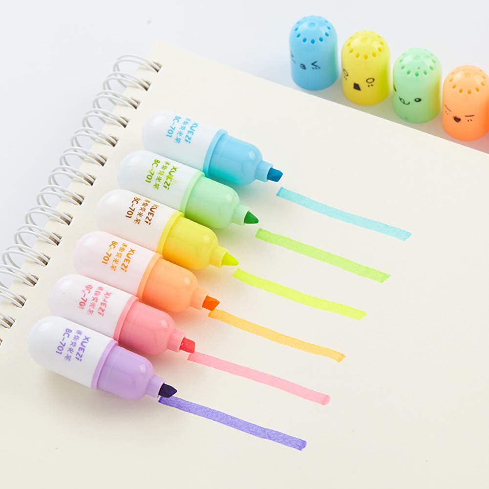6pcs/set Mini Pill Shaped Highlighter Pens Smile Face Graffiti Marker Pen Lovely 