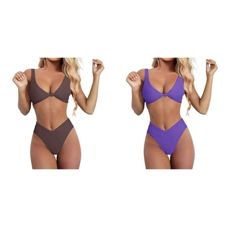 2-Pack Bikini Set For Women Solid V Neck Knot Front Push Up High Leg Thong Two Piece Swimsuit Swim Skirt with Shorts for 3 Piece Swimsuits for Women Lime Womens Board Shorts 10 Womens 14