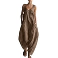 thumbnail image 3 of Linen Look Wide Strap Jumpsuit for Women - Loose Fit Pocketed Solid Color Casual Outfit, Summer Vacation Matching Lounge Wear Khaki M, 3 of 7