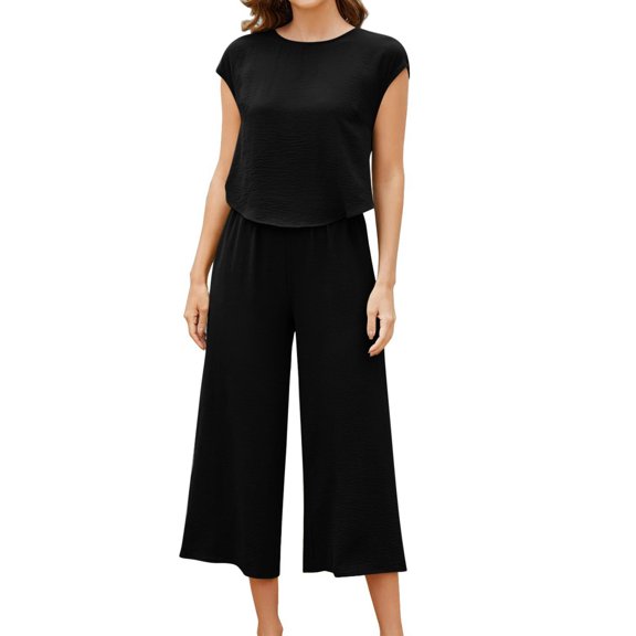 Summer Savings Clearance Sets! Xihbxyly 2 Piece Sets for Women, Women's Summer 2 Piece Outfits Sleeveless Tank Crop Button Back Top Cropped Wide Leg Pants Set Pockets Black XXL