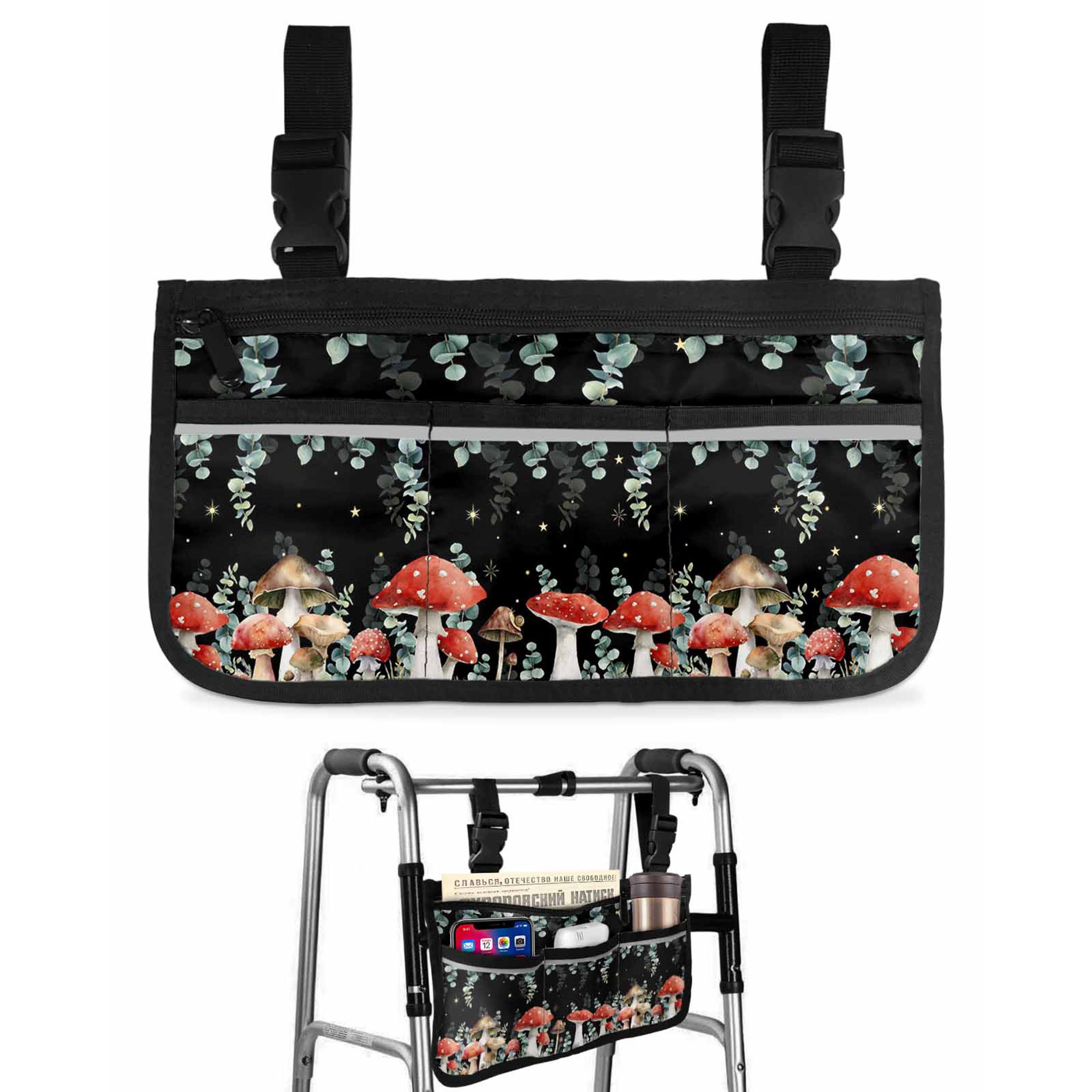 Red Mushrooms Wheelchair Side Bag with Cup Holder, Eucalyptus Leaves Plants Black Night Sky Stars Wheelchair Armrest Bag Storage Pouch Adults, Seniors for Walkers, Rollator, Scooter