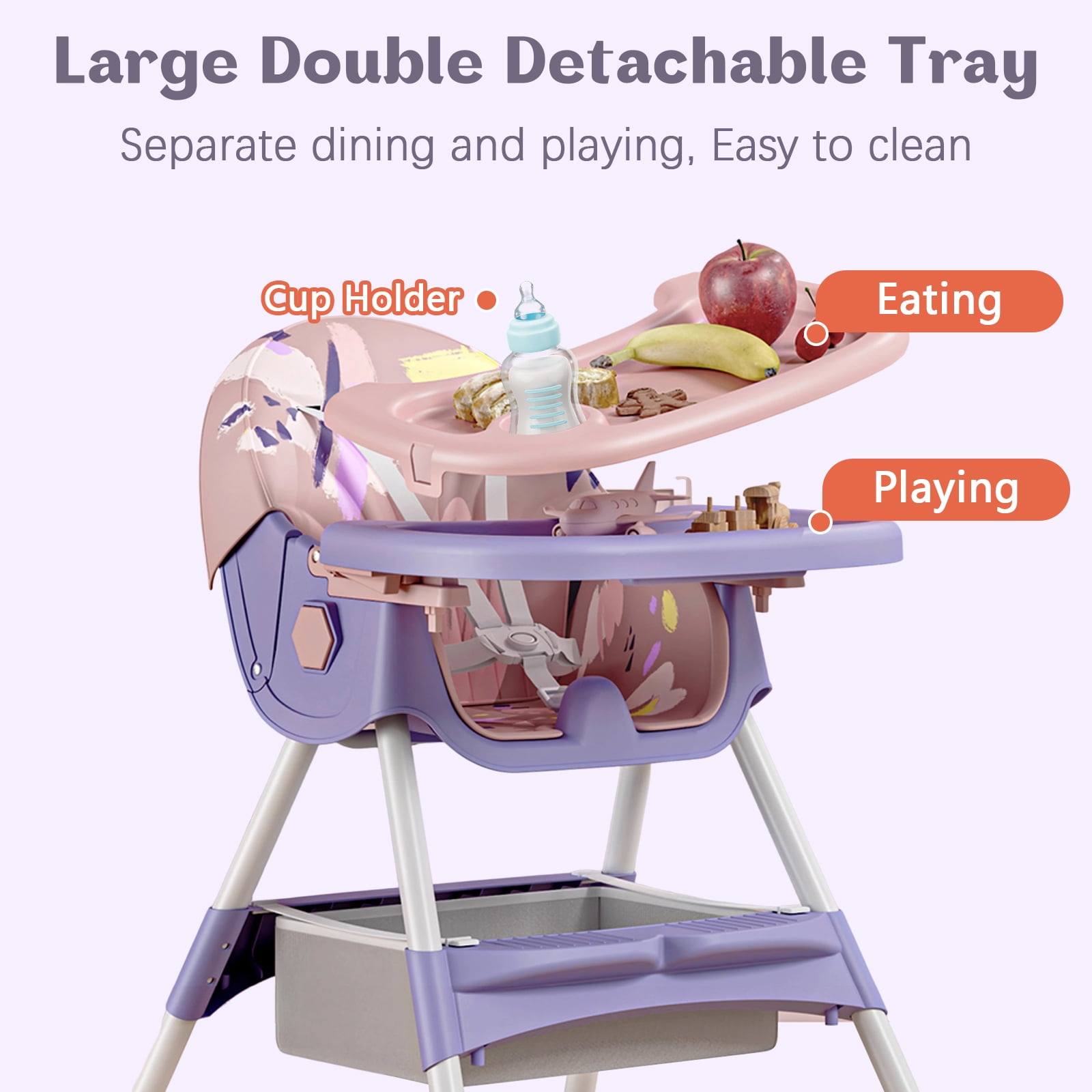 HDUTNGISN 4-in-1 Foldable Baby High Chair with 5-Point Harness, Double Plates & Toy Rack, Purple