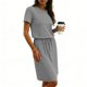 thumbnail image 2 of TaTaai Women's Round Neck Drawstring Waist Midi Dress Solid Color Casual Short Sleeve Dress Lightweight Stretchy Polyester Blend Gift, 2 of 6
