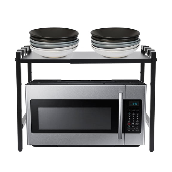 Black 2 Tier Extendable Microwave Oven Rack,Adjustable Kitchen Countertop Shelf,Microwave Stand with 6 Hooks for Kitchen Countertop