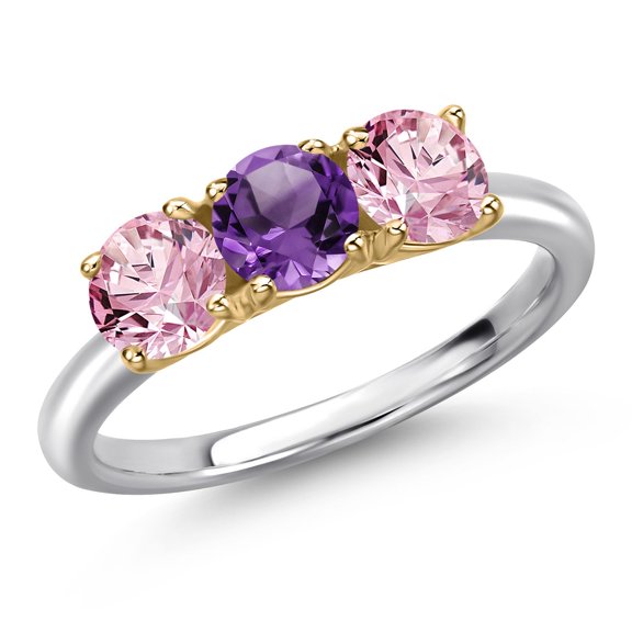 Gem Stone King 925 Silver and 10K Yellow Gold Purple Amethyst and Pink Lab Grown Diamond Engagement Ring for Women | 1.48 Cttw | Round 5MM | Gemstone February Birthstone | Size 7