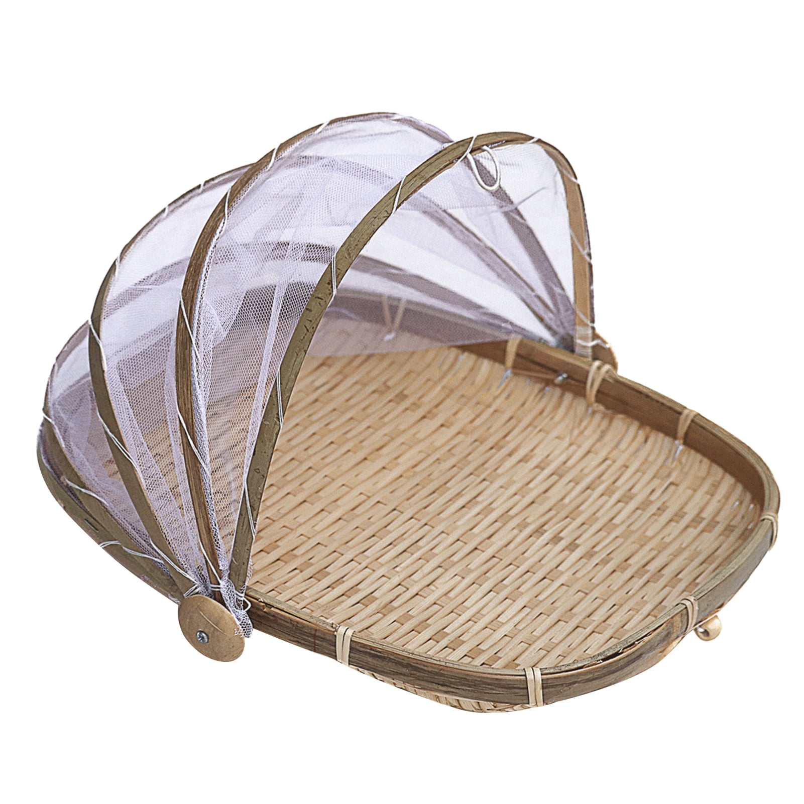 Natural Bamboo Woven Tent Basket Net Mesh Adjustable Cover Food Fruit Storage 