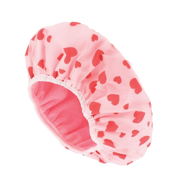 Unique Bargains 1 Pc Women Heart Pattern Shower Cap for Bathroom Business Travel Vacation Hotel Pink PEVA Microfiber