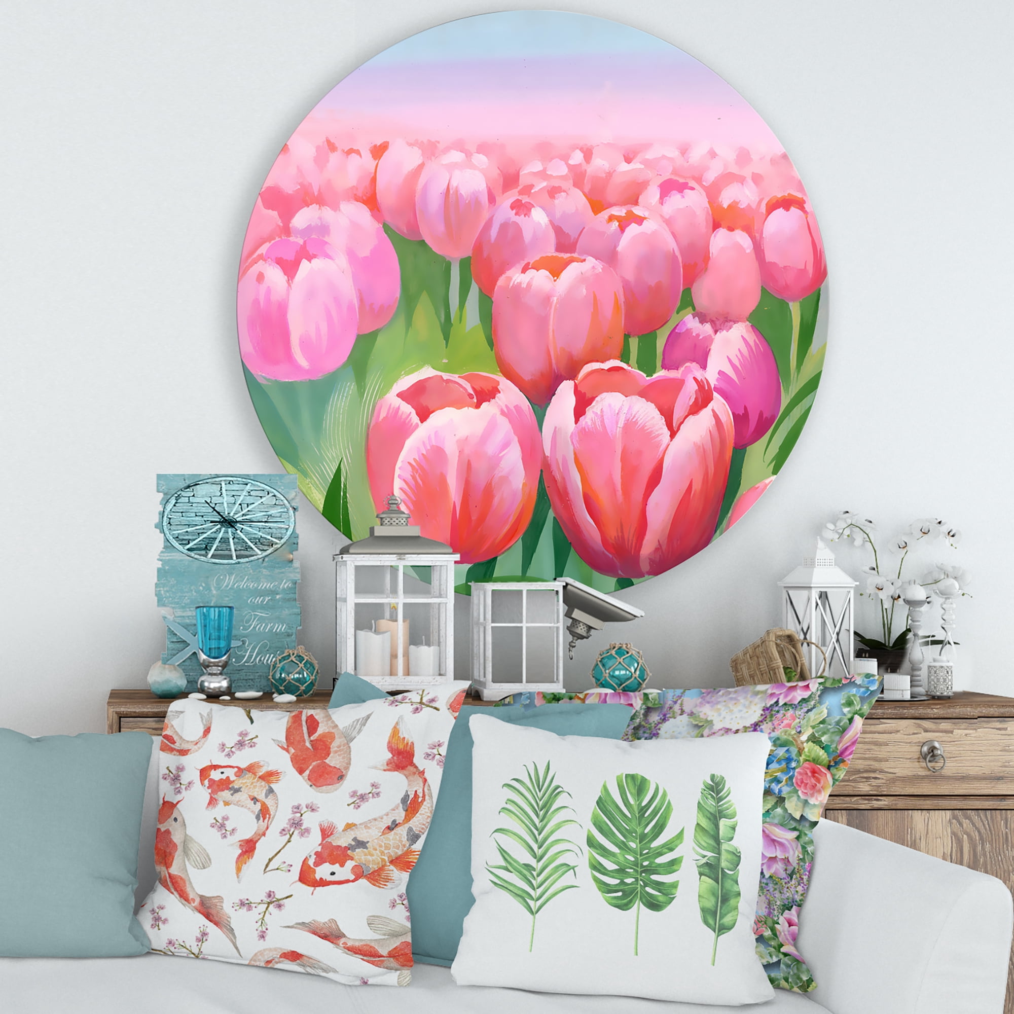 Designart 'Pink Tulips in Field' Traditional Circle Metal Wall Art 29x29 - Disc of 29