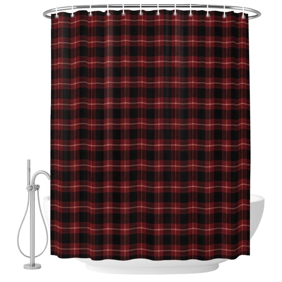 Extra Long Shower Curtain 72x96 Inch, Black Red Buffalo Plaid Shower Curtain Waterproof Bathroom Decor, Geometric Classic Checkered Fabric Bath Curtain Set Accessories with Hooks